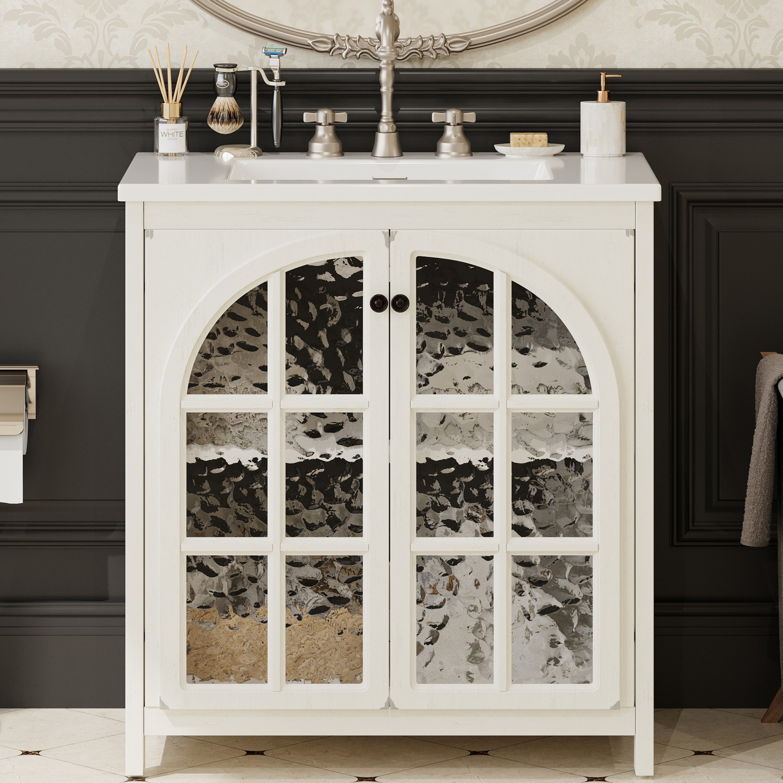 Farmhouse Bathroom Vanity with Ceramic Sink，Storage Cabinet w/Soft-Closing Doors