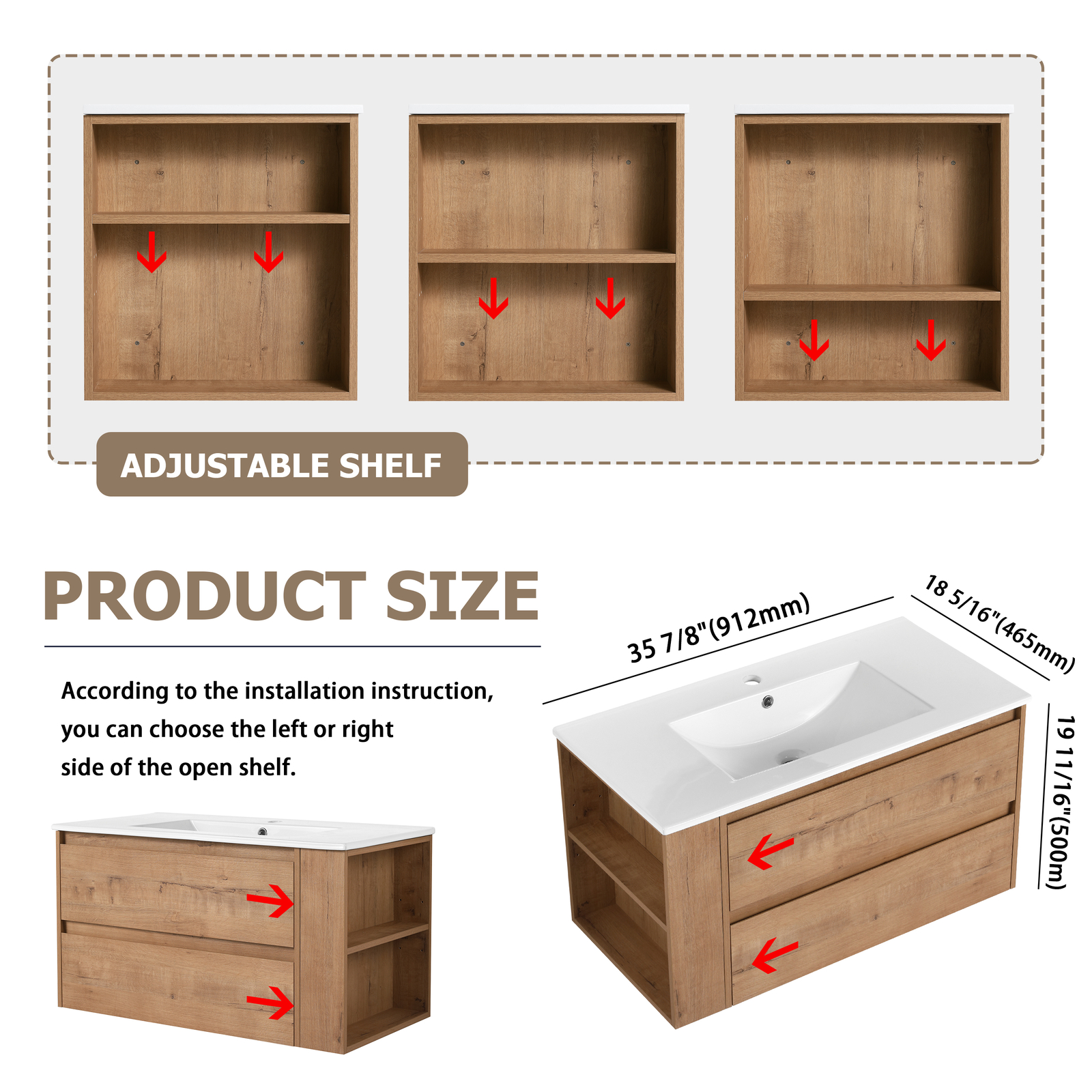 36inch Wooden Floating Wall Mounted Bathroom Vanity W/ Side Shelf Ceramic Sink
