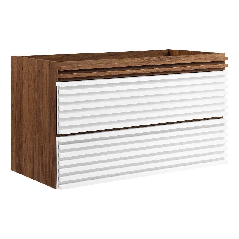 Modway Render 35″ MDF Wood Wall-Mount Bathroom Vanity Cabinet in White/Walnut
