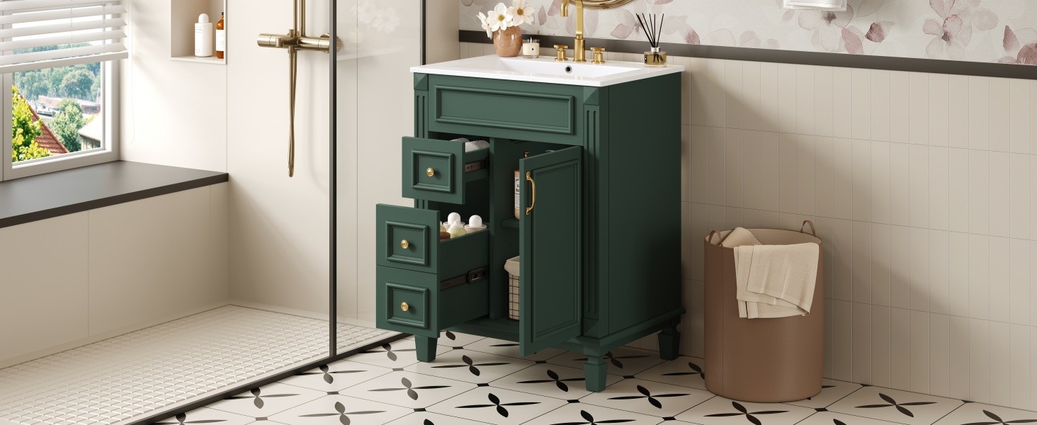 24″ Bathroom Vanity with Ceramic Sink, 2 Drawers, Adjustable Shelf