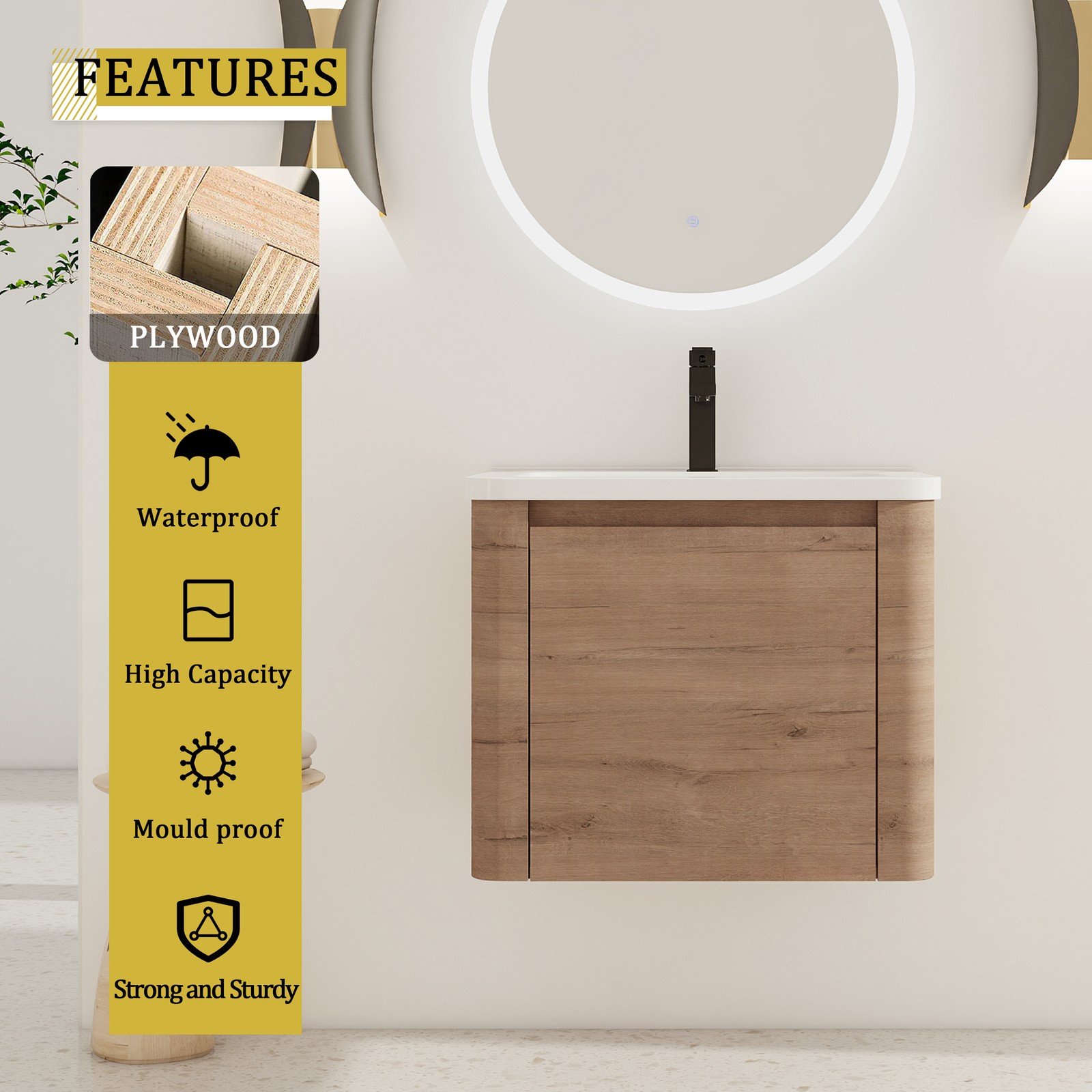 24in Plywood Wall Mounted Bathroom Vanity W/ White Ceramic Sink For Small Space