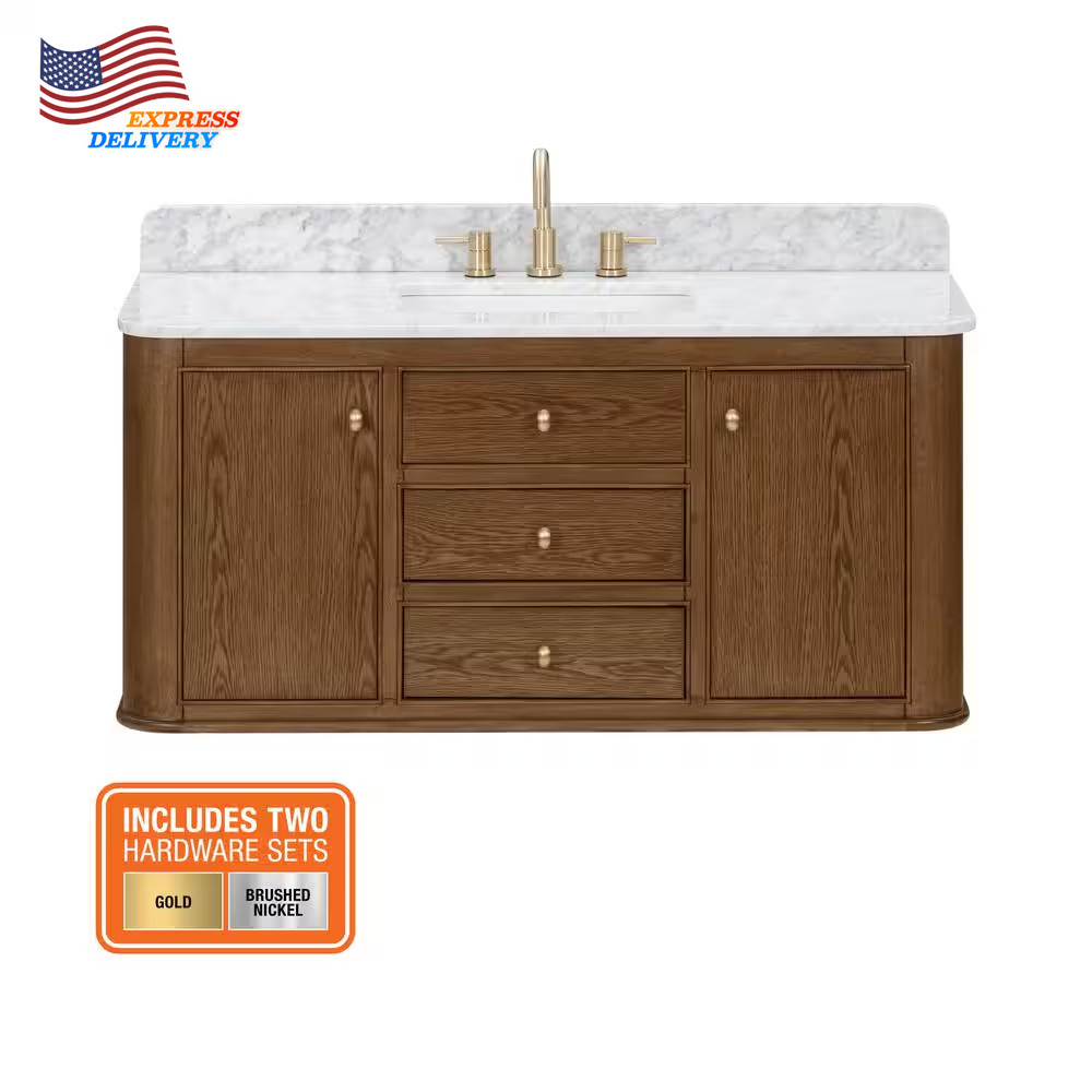 48 In. Single Sink Cinnamon Oak Bath Vanity White Carrara Marble Top (Assembled)