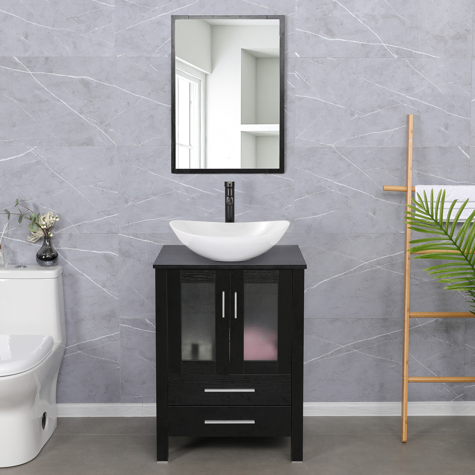 24″ Bathroom Vanity Cabinet Combo Organizer Top Vessel Sink W/ Faucet Drain Hose