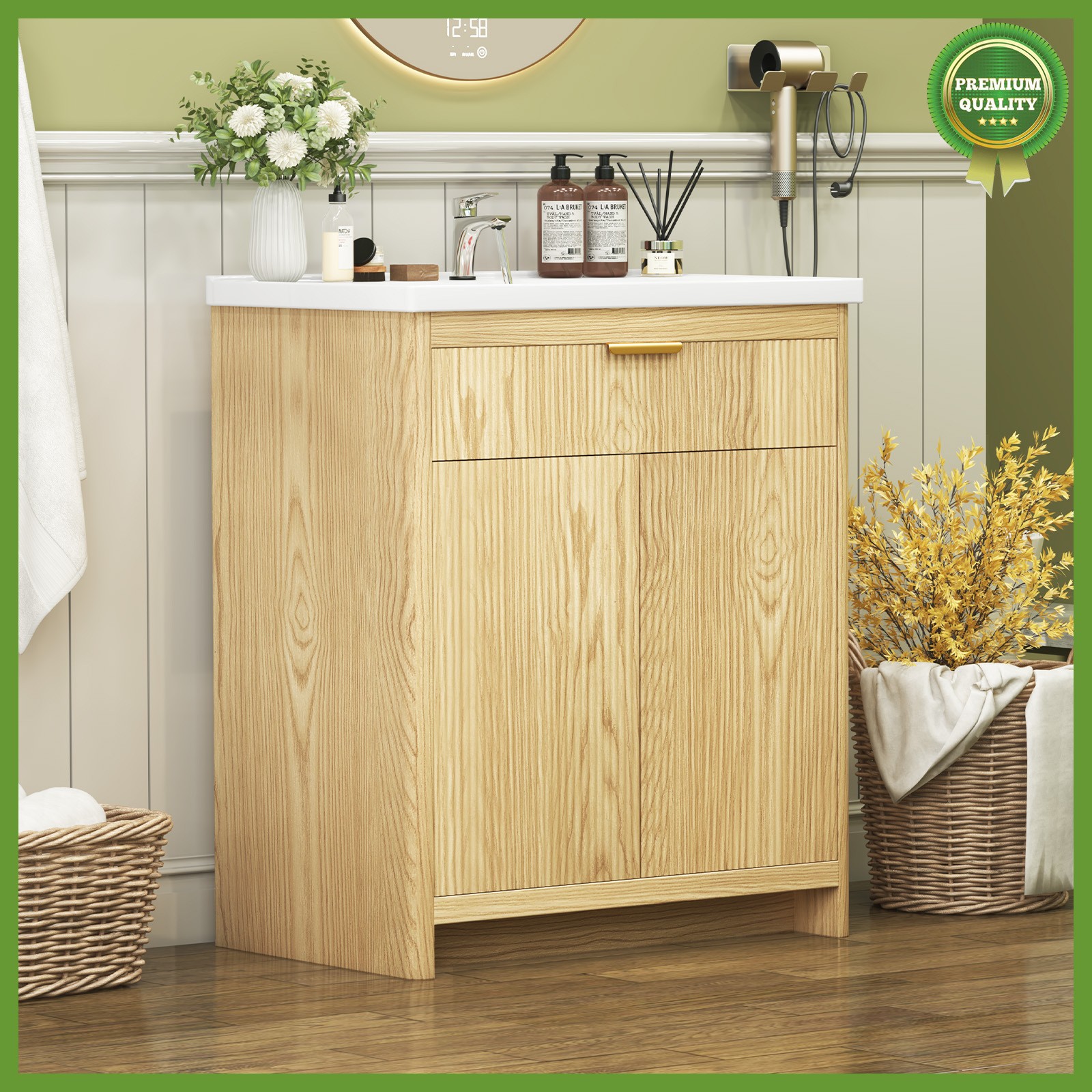 31″ Wooden Freestanding Bathroom Vanity Storage Cabinet & Ceramic Sink Modern