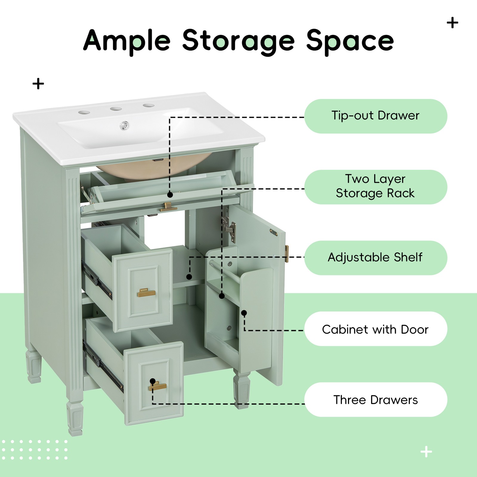 24″ Green Bathroom Vanity with Sink, Solid Wood & MDF Cabinet