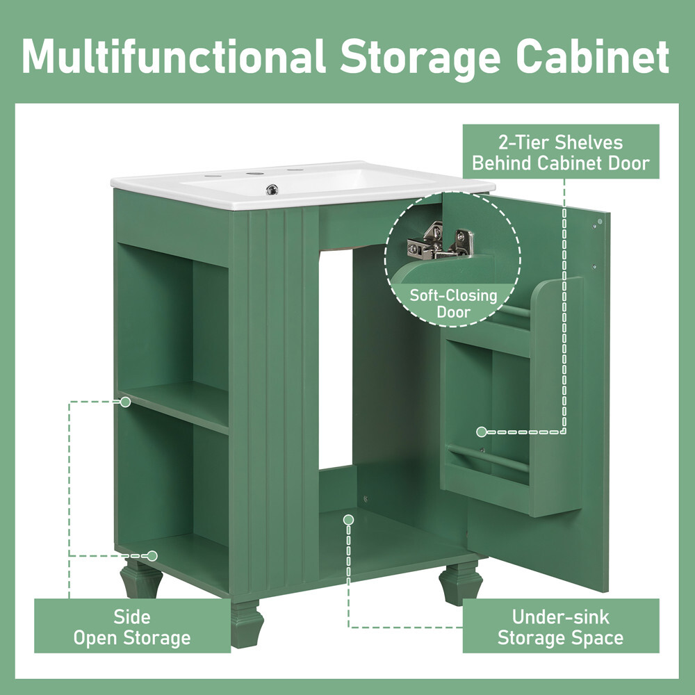 24″ Bathroom Vanity w/Ceramic Sink, Freestanding Bath Vanity Cabinet, Door Shelf
