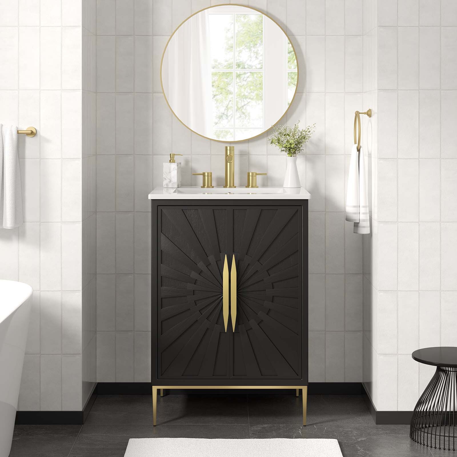 Modway Awaken 24″ Bathroom Vanity Cabinet in White Black With Ceramic Sink Basin