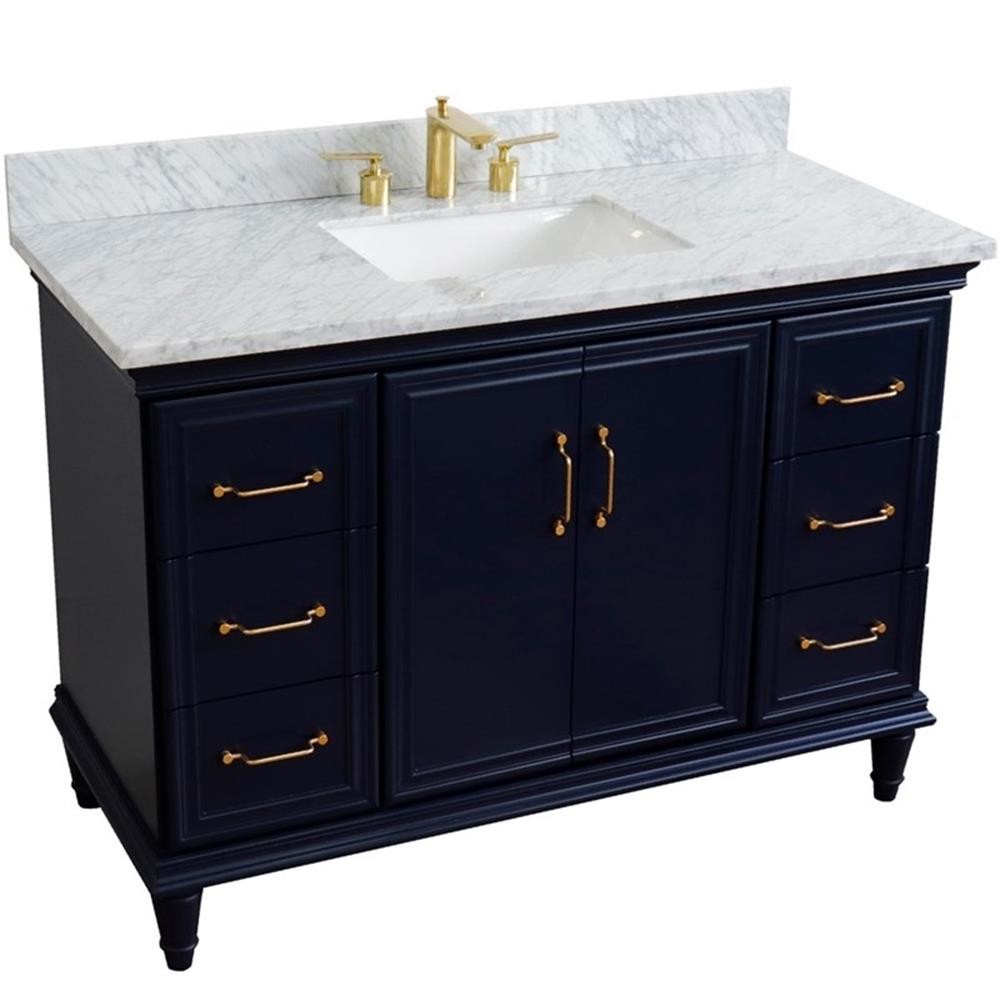 49 in. Single Wooden Vanity Blue with White Carrara Marble Rectangle Sink
