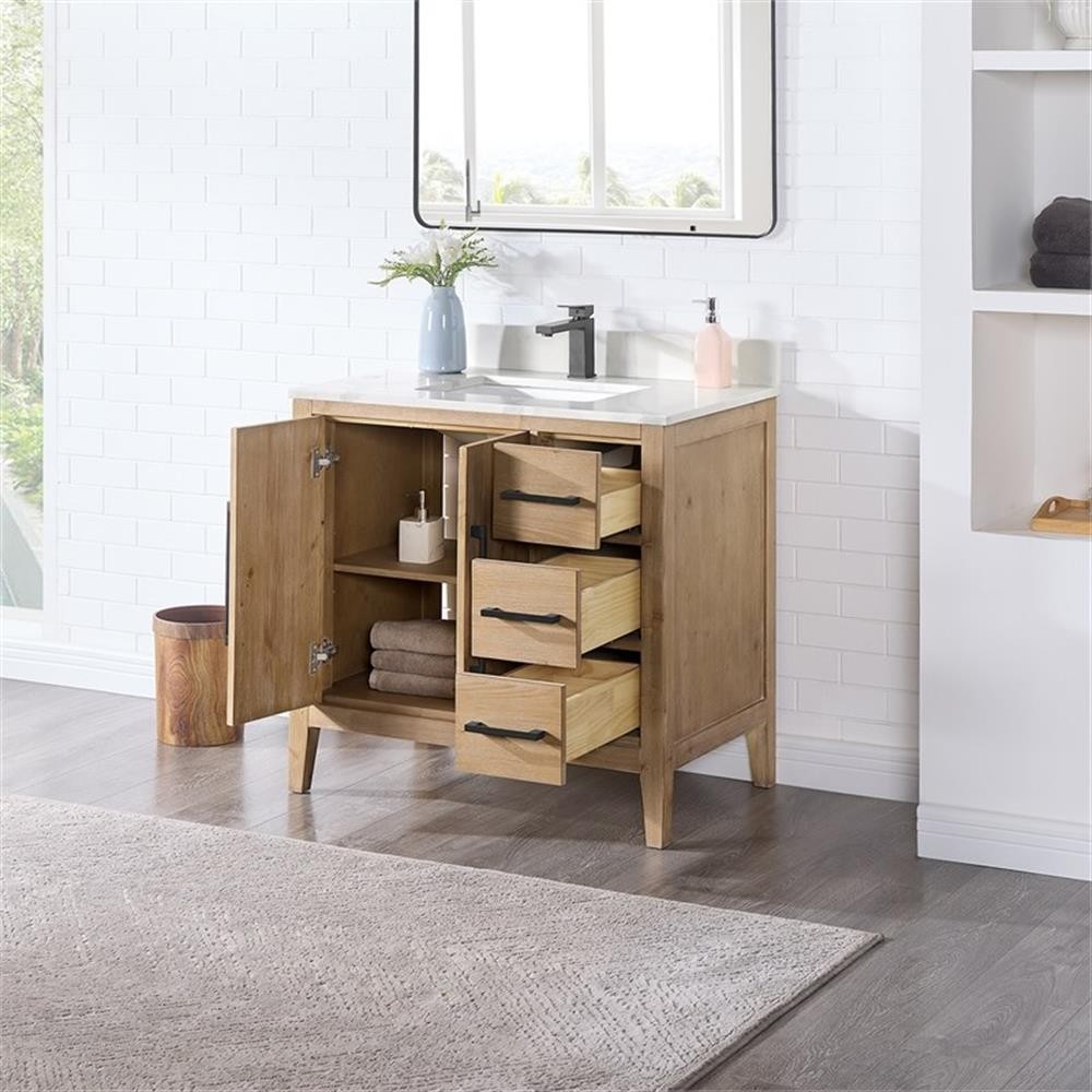 Laurel 36″ Wood Vanity in Weathered Fir Calacatta White Quartz Top no Mirror