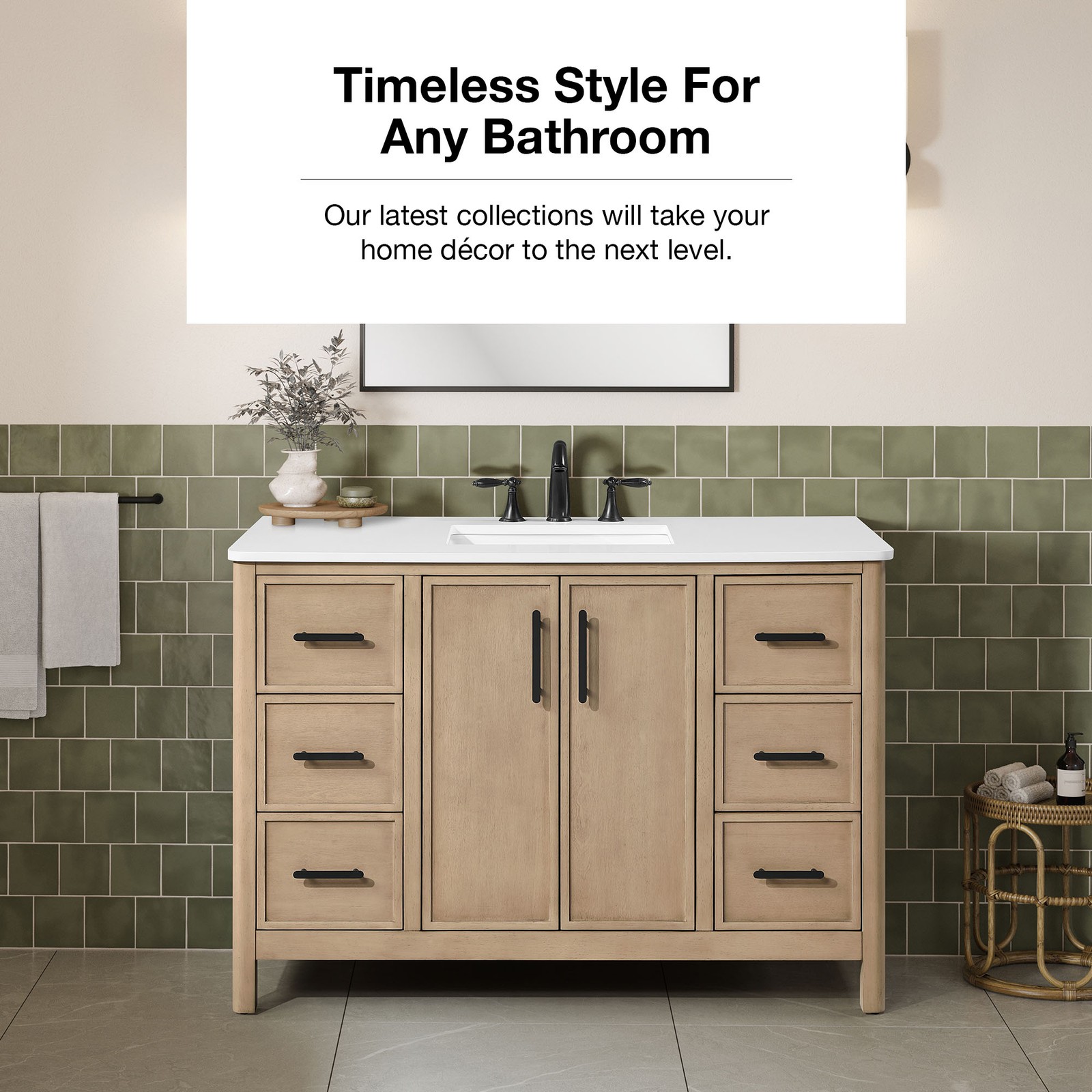 Solas 48″ Bathroom Vanity in Sahara Birch with White Countertop