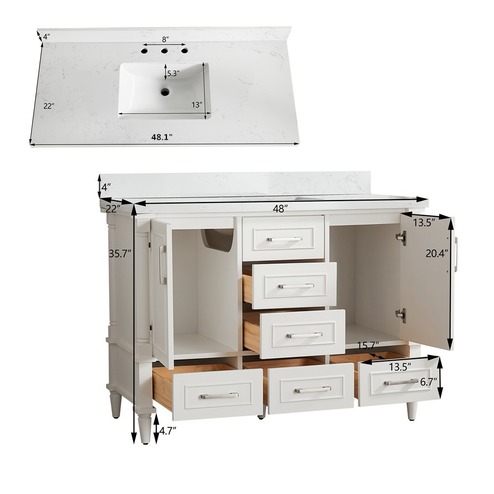 48″ Bathroom Vanity w/Sink,Fully Assembled Freestanding Vanity Cabinet,6 Drawers