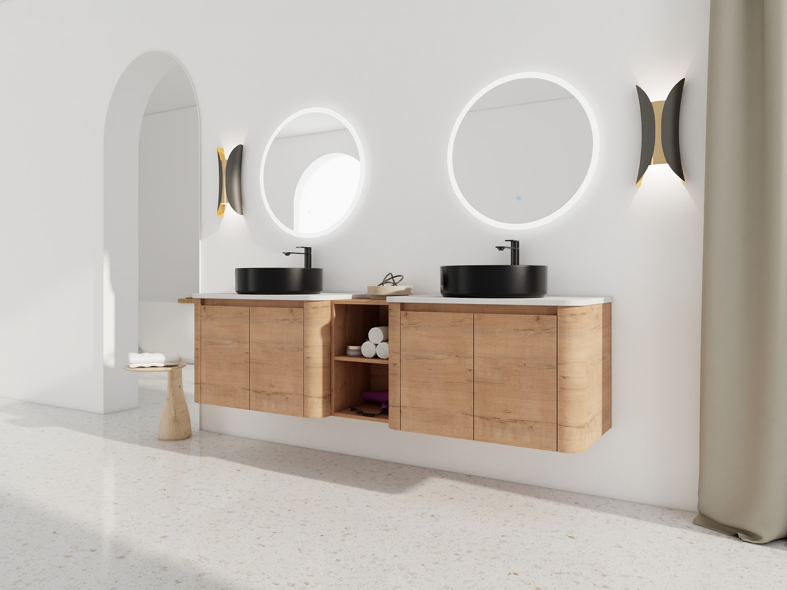 72″ Plywood Wall-Mounted Bathroom Vanity W/ Double Ceramic Black Sink + Shelves