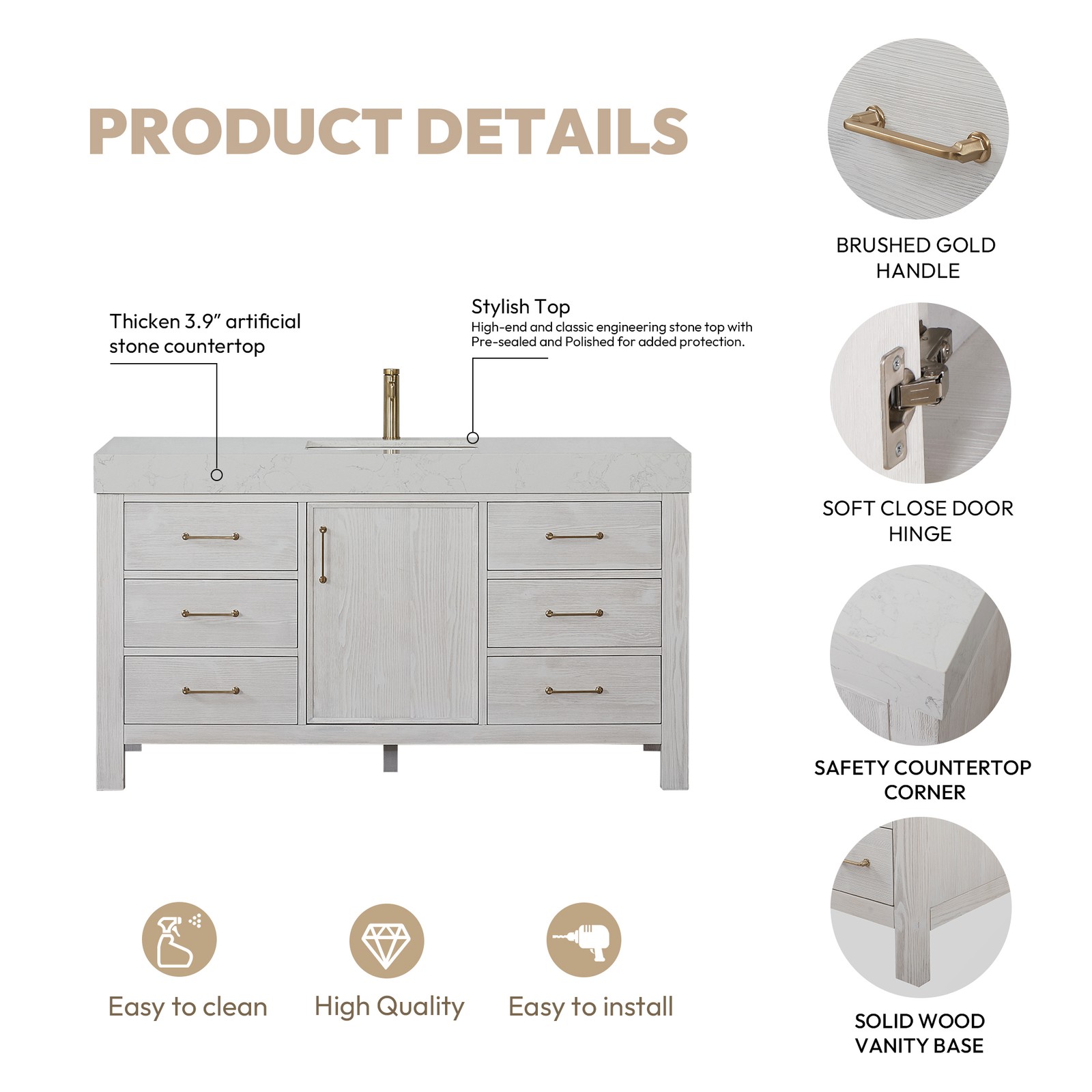 Leon 60″ Single Bathroom Vanity in Washed White w/ Composite in Lightning White