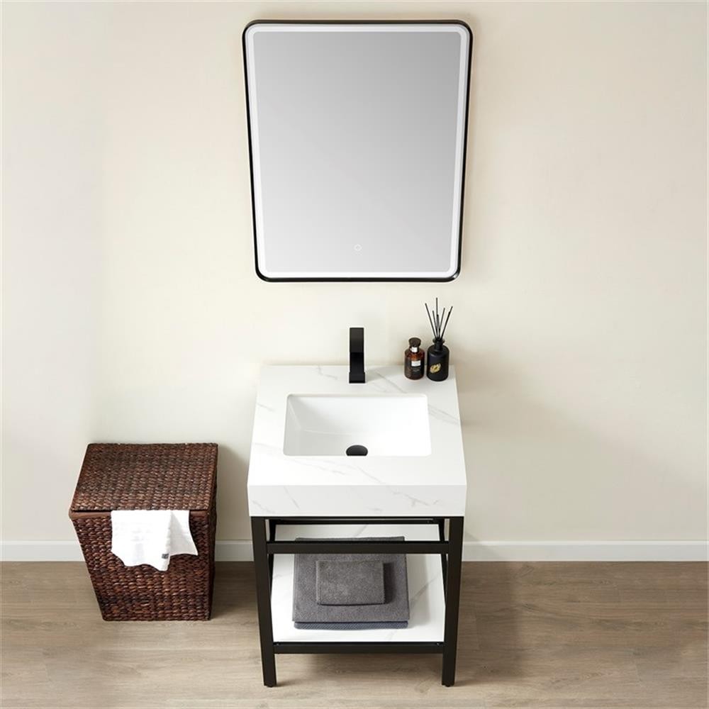 Funes 24″ Single Sink Bathroom Vanity in Matte Black Frame White Top w/ Mirror