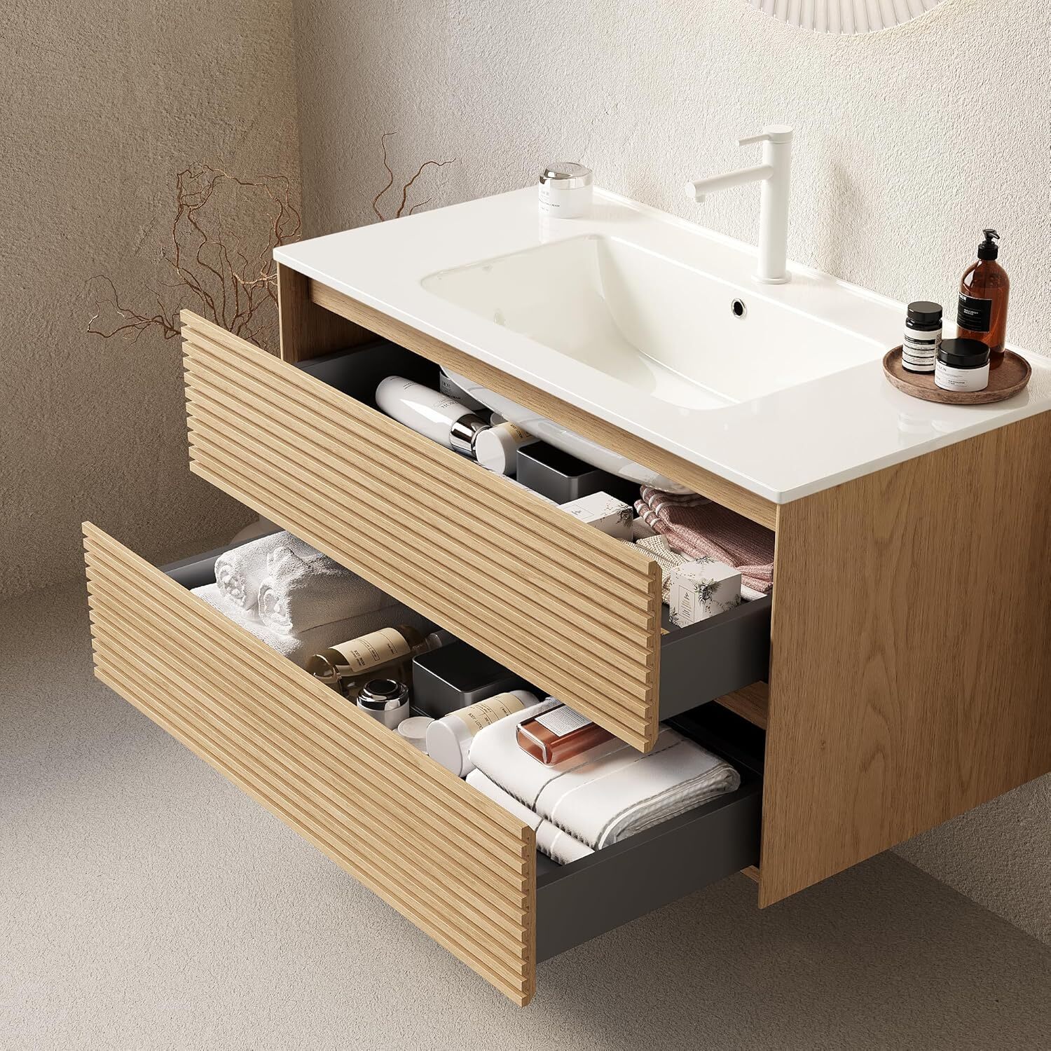 24″ 30″ 36″ Wall Mounted Bathroom Vanity w/Ceramic Sink,2 Drawer Floating Vanity