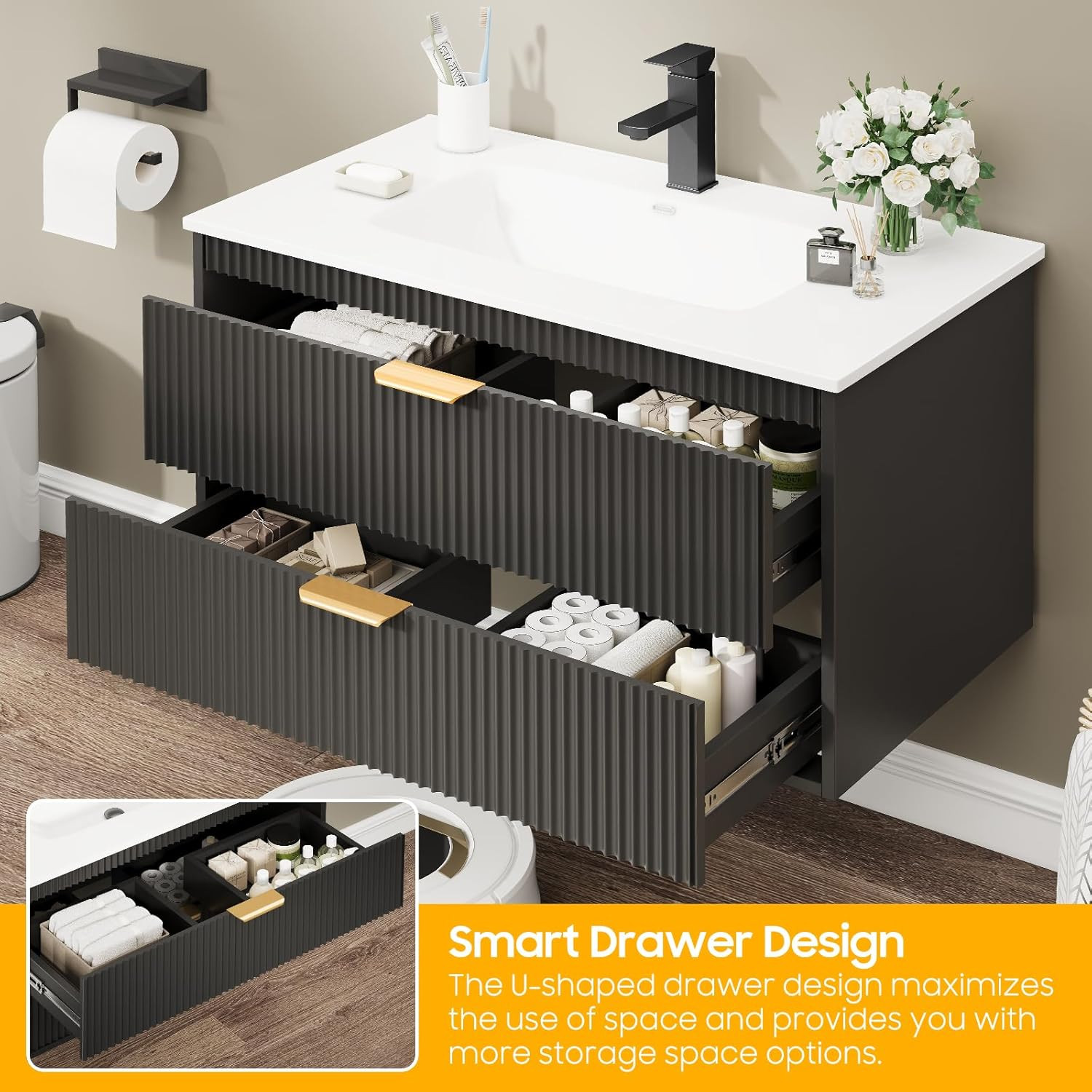 30 Inch Bathroom Vanity with Sink, Wood Grain Wall Mounted Vanity with 2 Storage