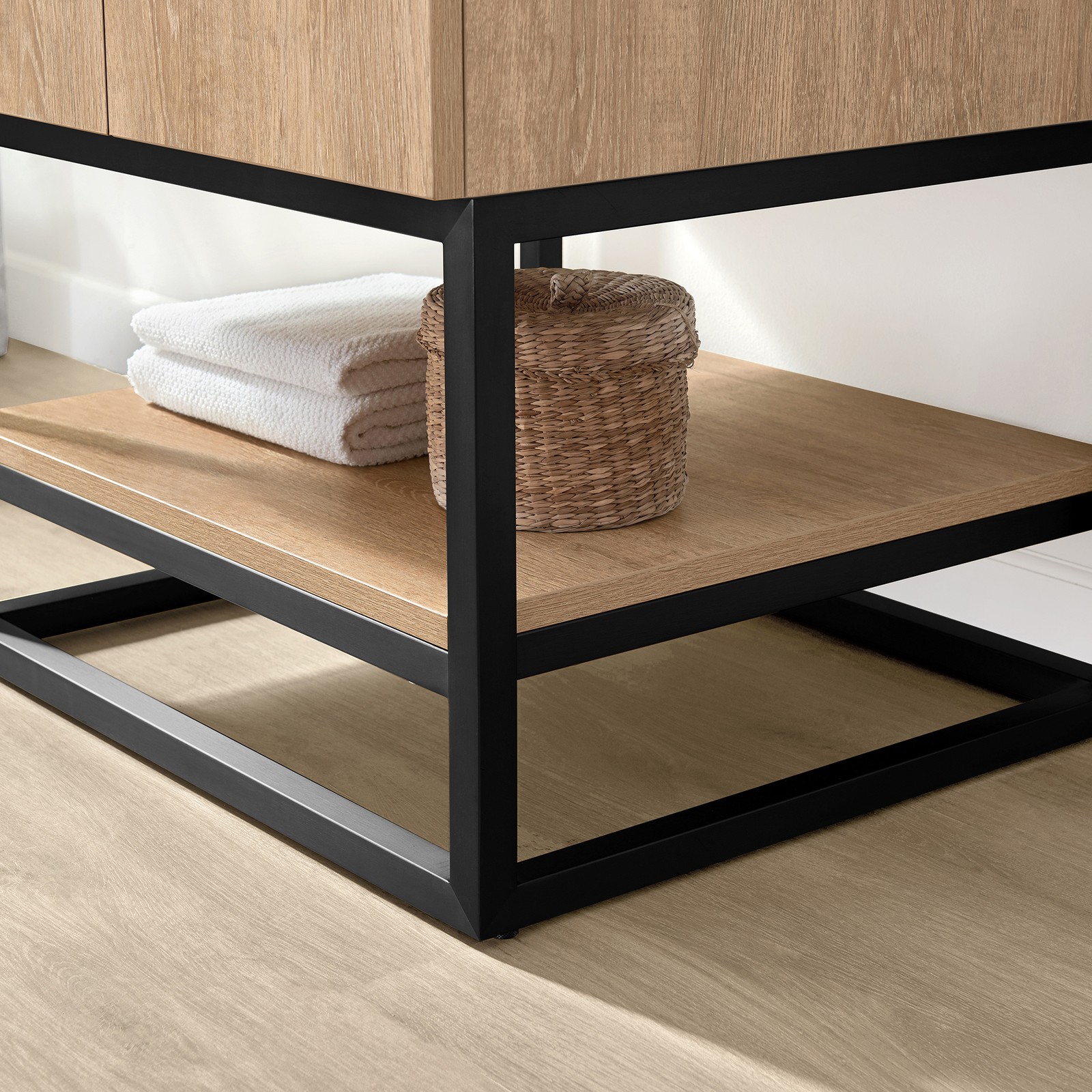 Vinnova Alistair 24″ White Stone Top Oak Single Vanity Black Frame w/o Mirror