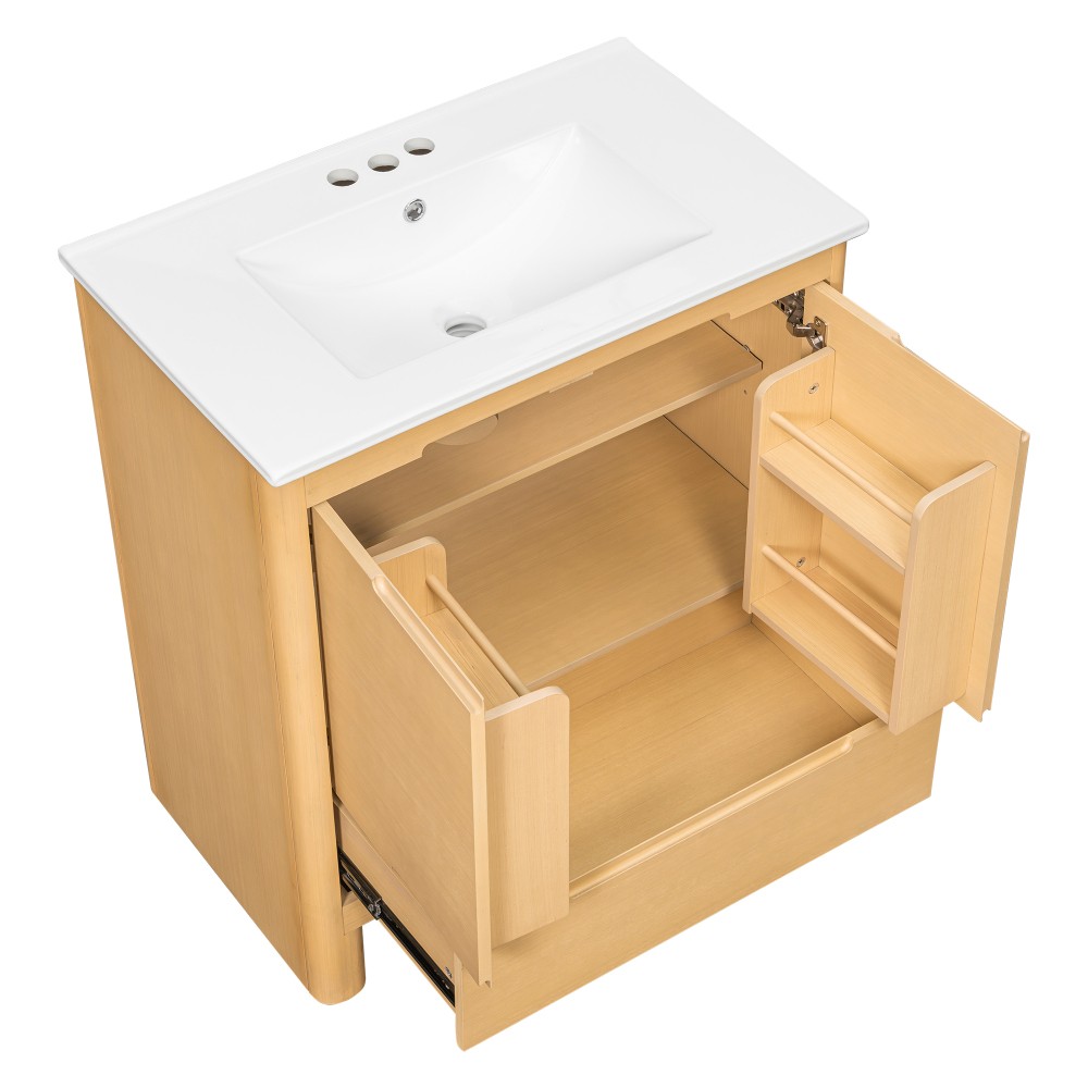 30″ Softened Modern Bathroom Vanity with Ceramic Sink, Natural Wood Grain