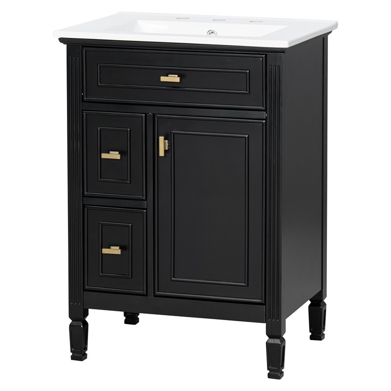 24-In Modern Bathroom Vanity with Ceramic Sink,Black Wood Cabinet with 3 Drawers
