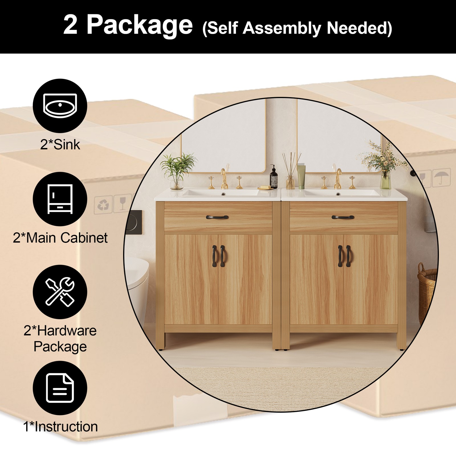 60″ Wood Bathroom Vanity with Solid Wood Frame, 4 Soft Close Doors,2 Flip Drawer