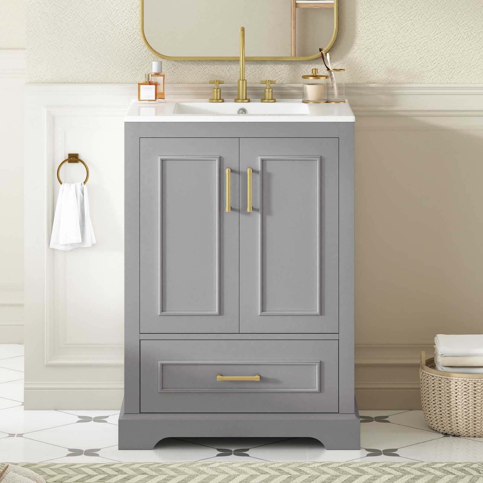 Modern 24″ Bathroom Vanity with Sink, MDF Cabinet & Solid Wood Frame Gray