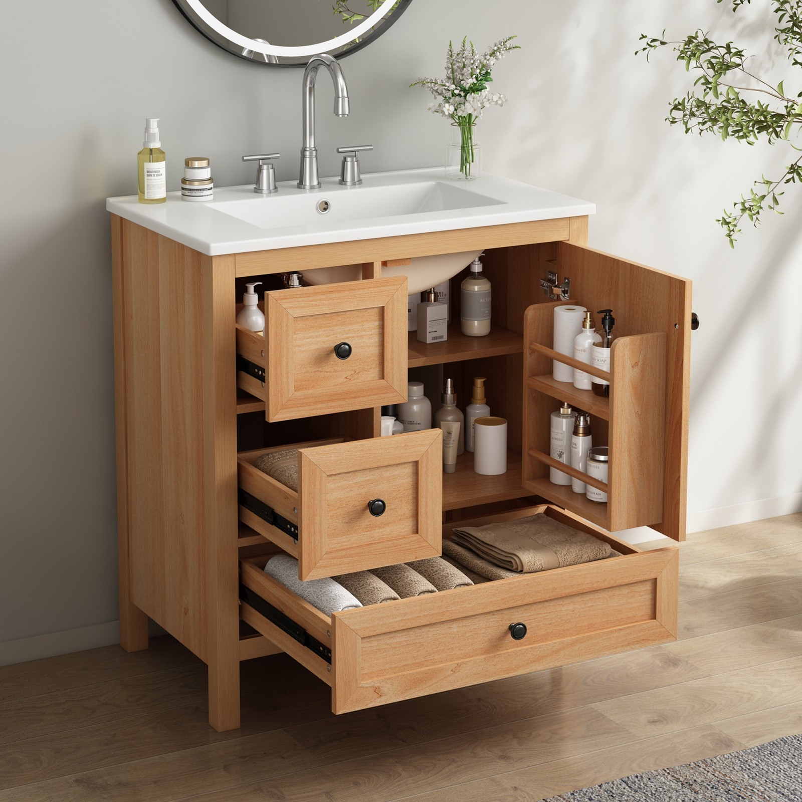 30″ Bathroom Vanity with Ceramic Sink Wood Grain Cabinet with Soft-Close Drawer