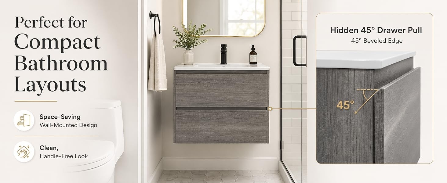 24 Inch Floating Bathroom Vanity with Sink, Gray Wall Mounted Vanity Cabinet