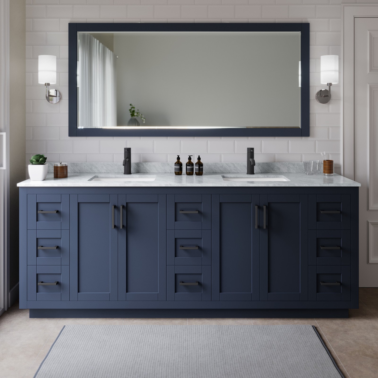 Wyndham Collection WCF2929-84D-NAT-M70 Miranda 84″ – Dark Blue / White Carrara