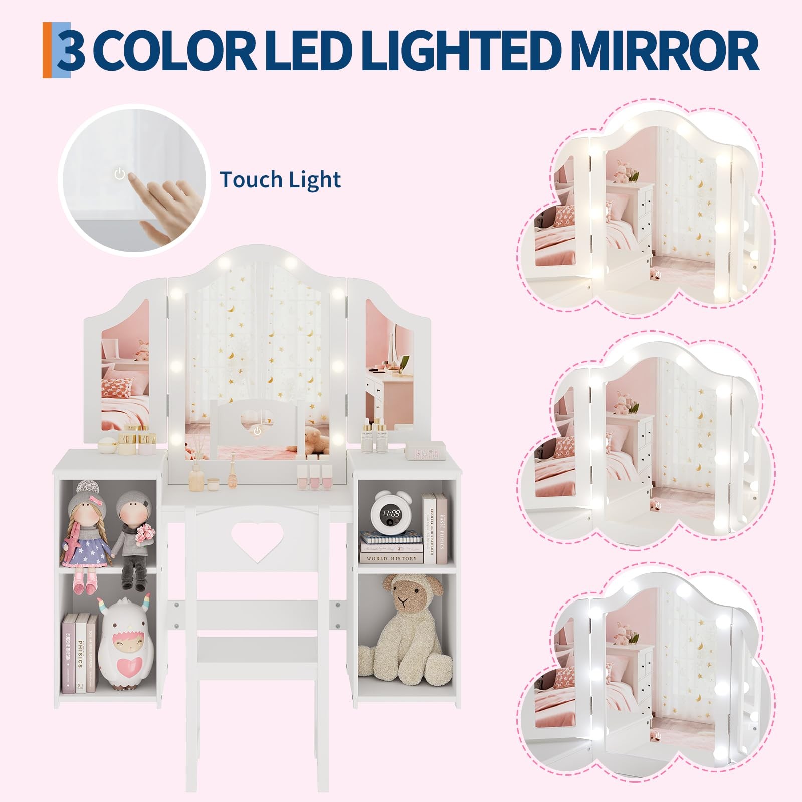 2-in-1 Kids Vanity Table with Tri-Fold Lighted Mirror Chair Storage