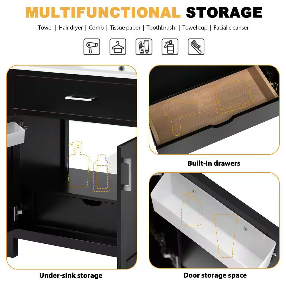 30 In. W Single Sink Freestanding Black Solid Wood Frame Bath Vanity with White