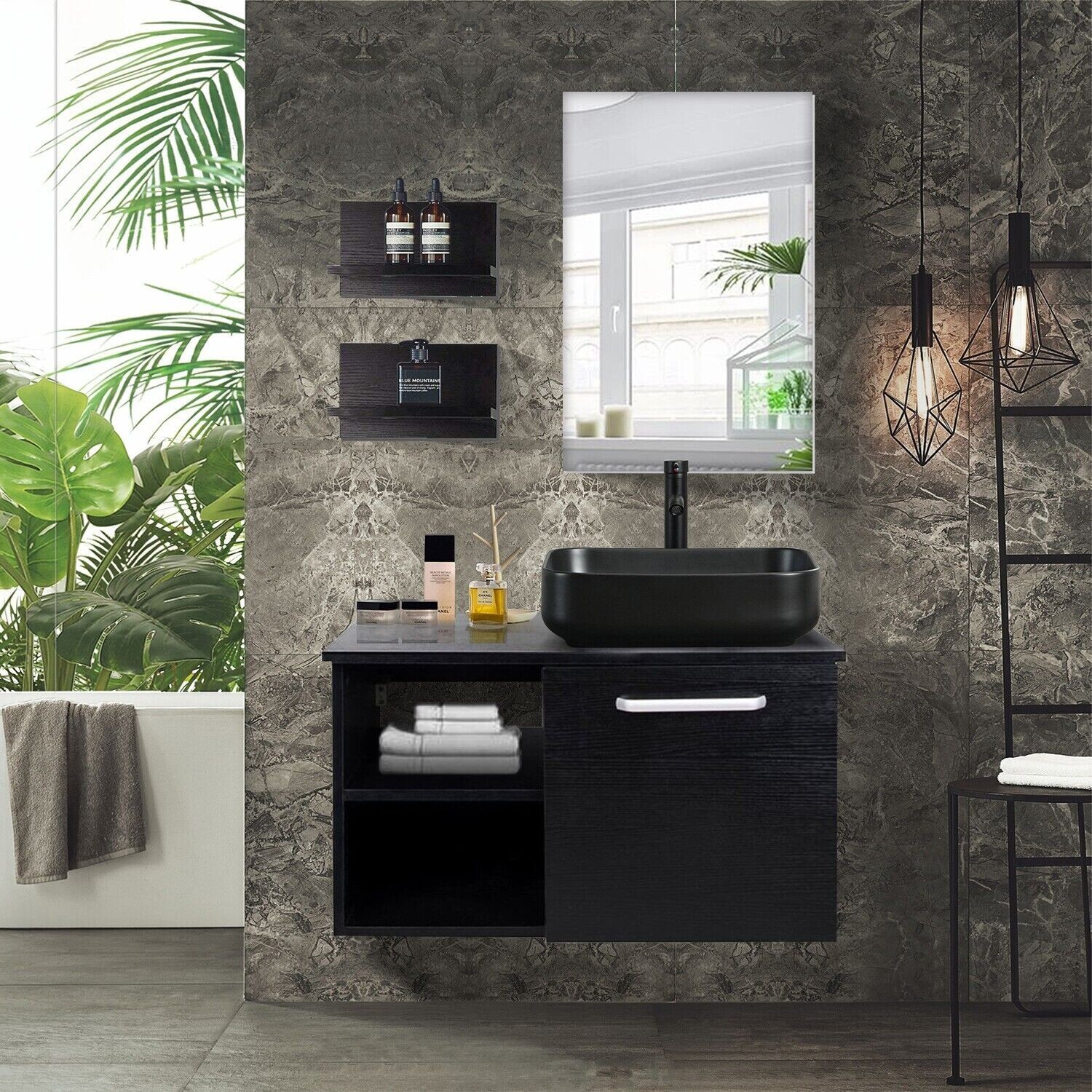 28” Floating Bathroom Vanity Black Cabinet with Sink Vessel Side Shelves Mirror