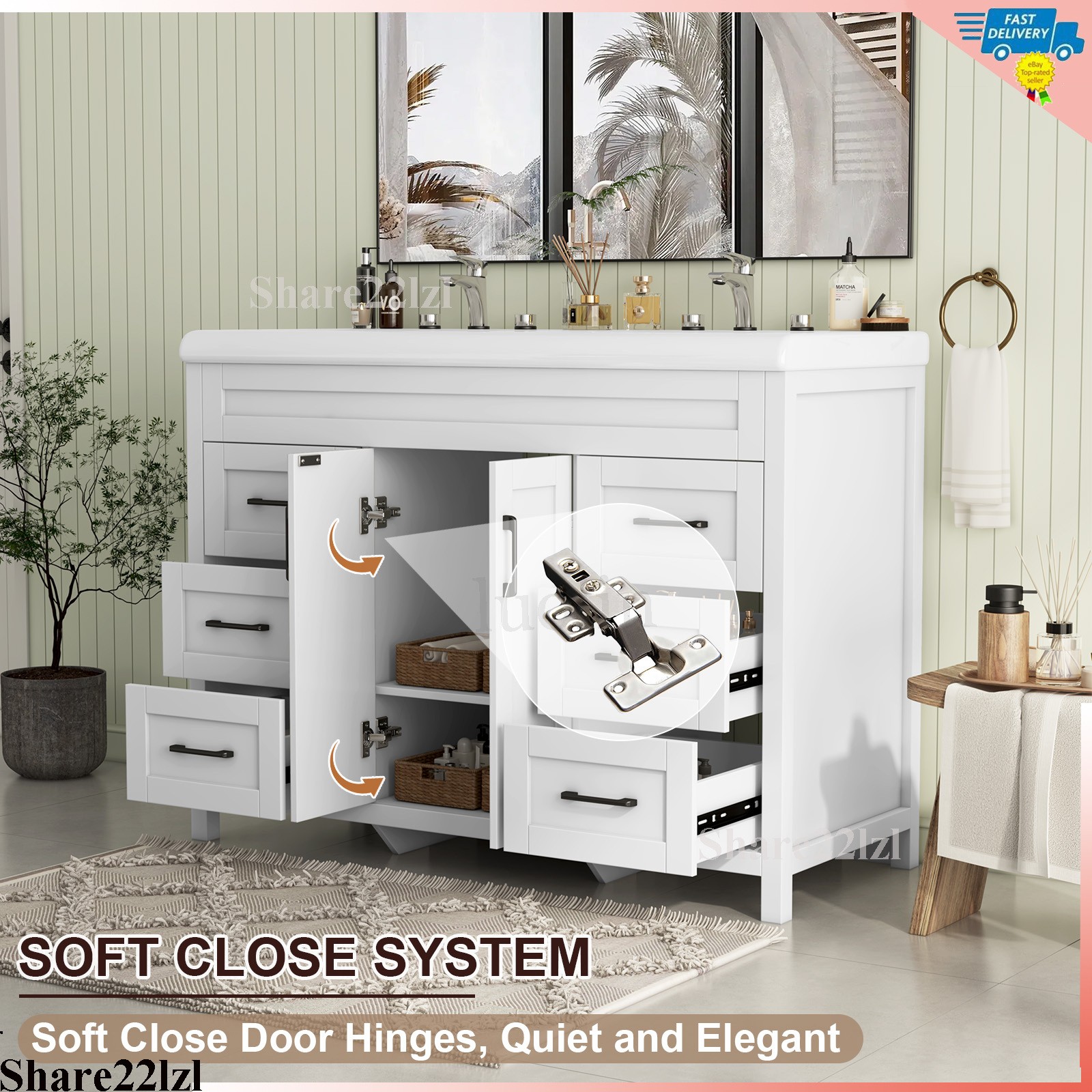 47″ Bathroom Vanity w/Double Ceramic Sink, Freestanding Vanity Cabinet Storage