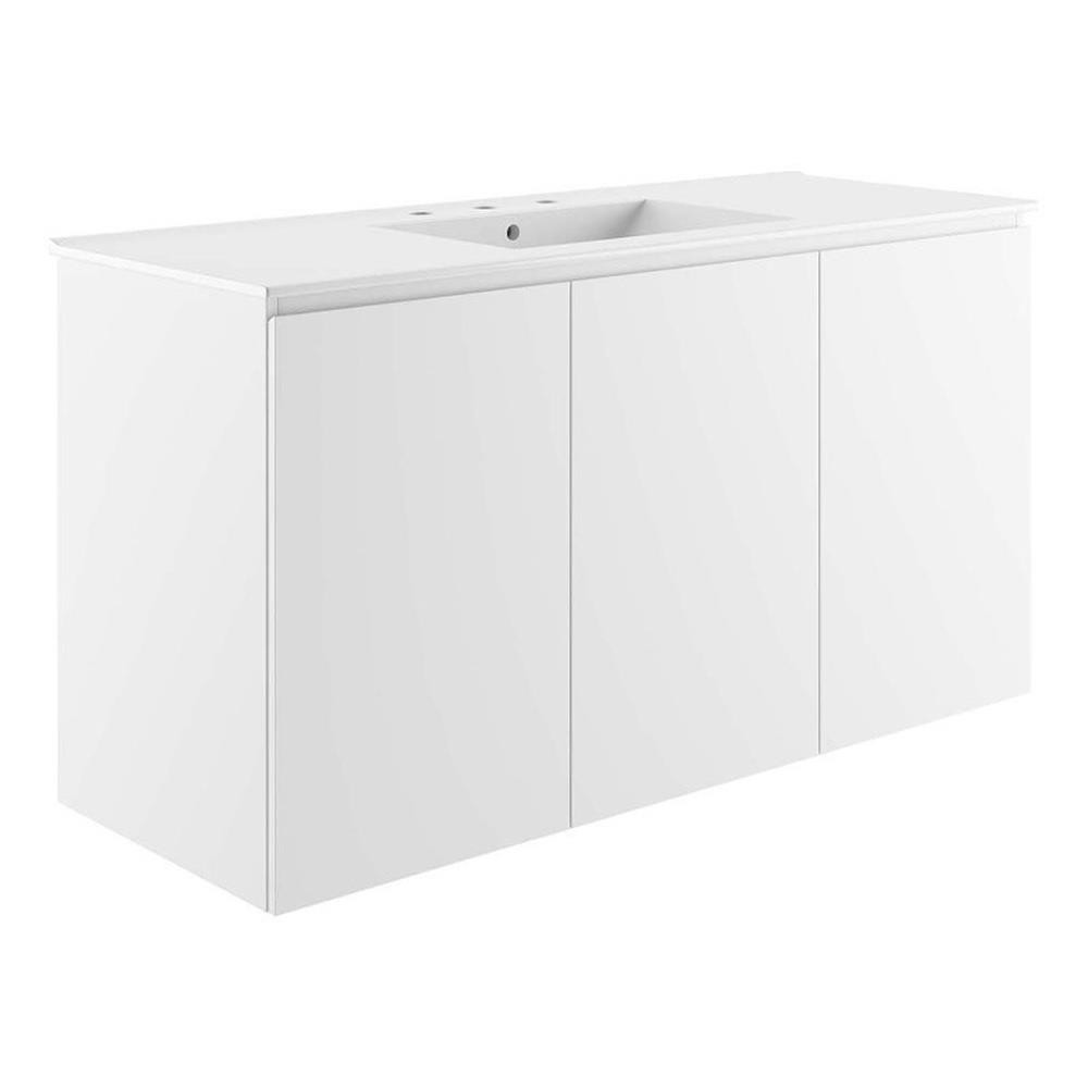 Modway Bryn 48″ Modern Wood/Ceramic Wall-Mount Bathroom Vanity in White