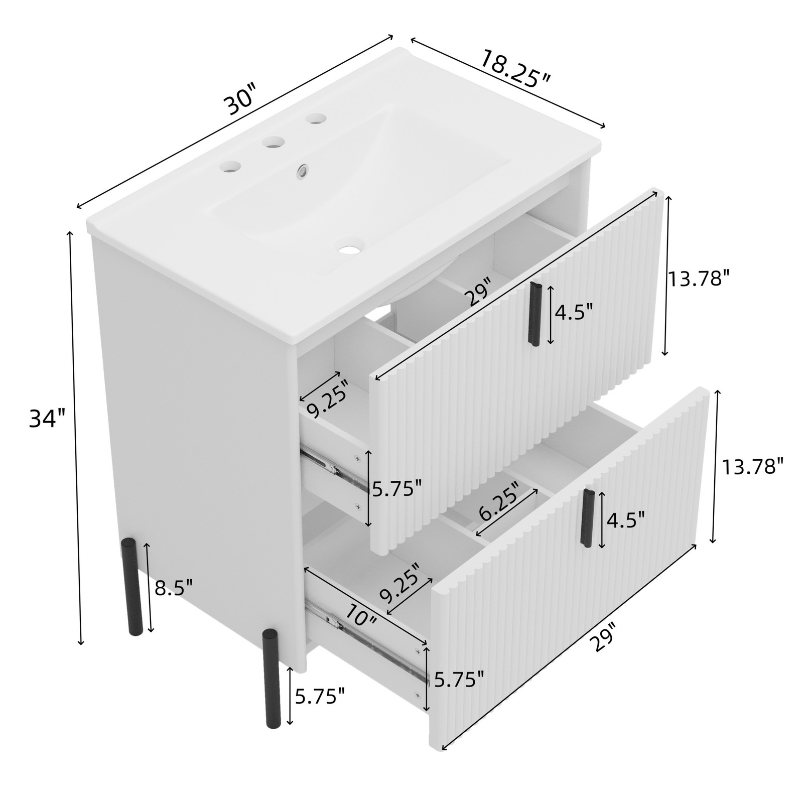 30″ White Bathroom Vanity with Ceramic Sink & Soft Close Drawers