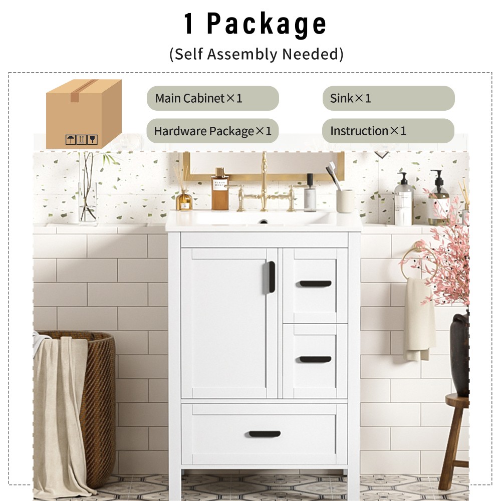 Bathroom vanity with sink Features double-door cabinet Includes three drawers