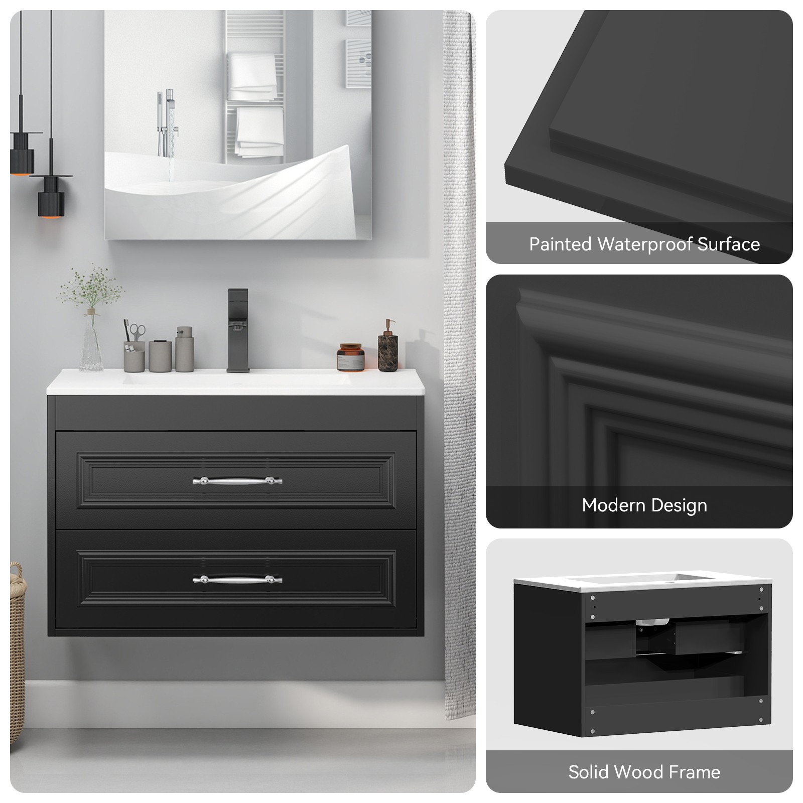 30” Floating Bathroom Vanity Set Ceramic Undermount Sink 2 Glass Drawers Towel