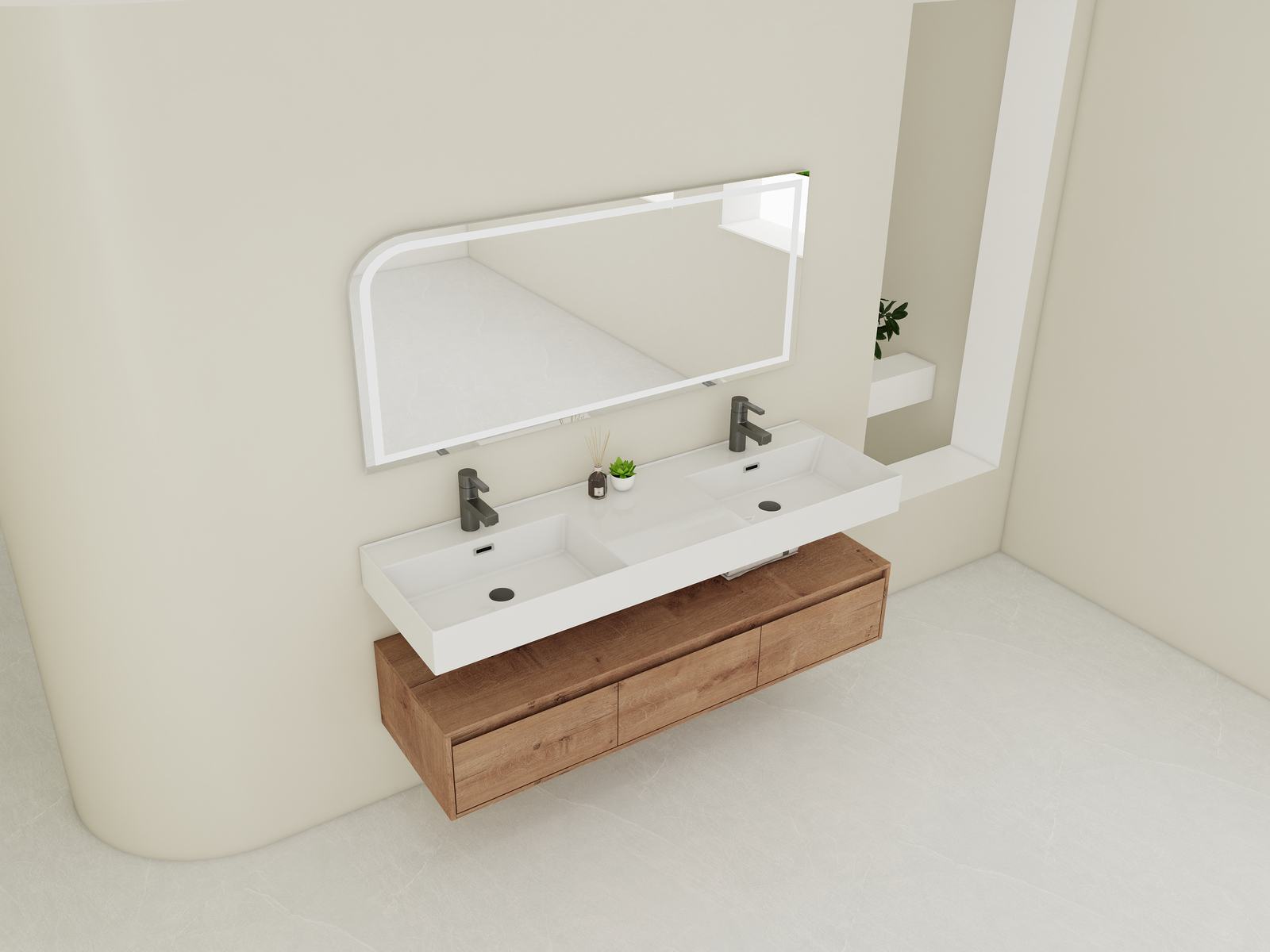 60″ Wood Floating Wall Mounted Bathroom Vanity with Double Resin Sink +3Drawers