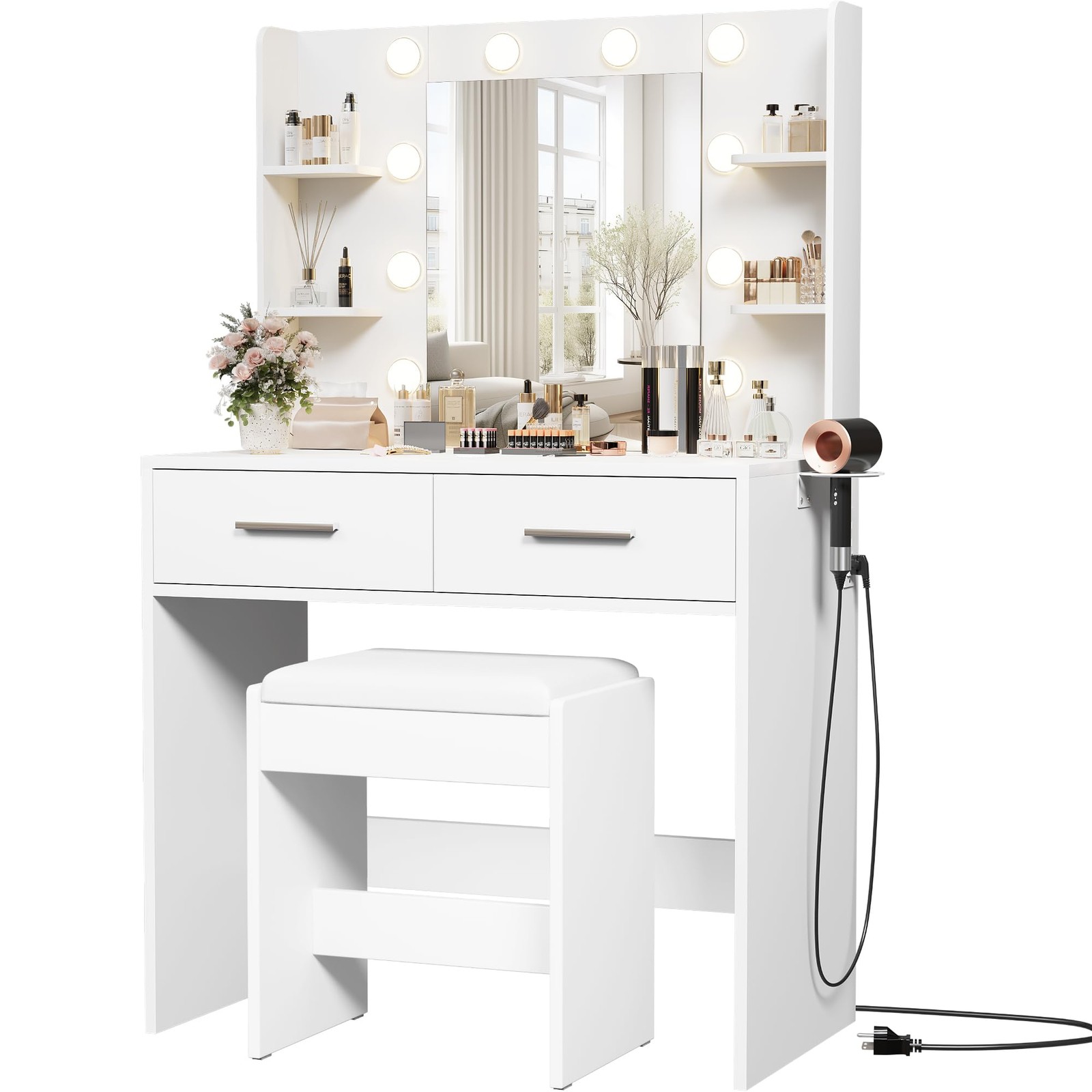 White Vanity w/ Mirror Power Outlet 3 Color Dimmable LED 2-Drawer 6-Shelf Bench