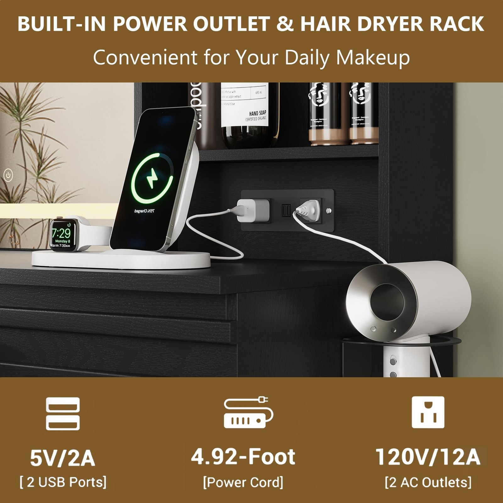 Black Fluted Vanity Desk with LED Mirror 4 Drawers Outlet 3 Modes Open Shelf