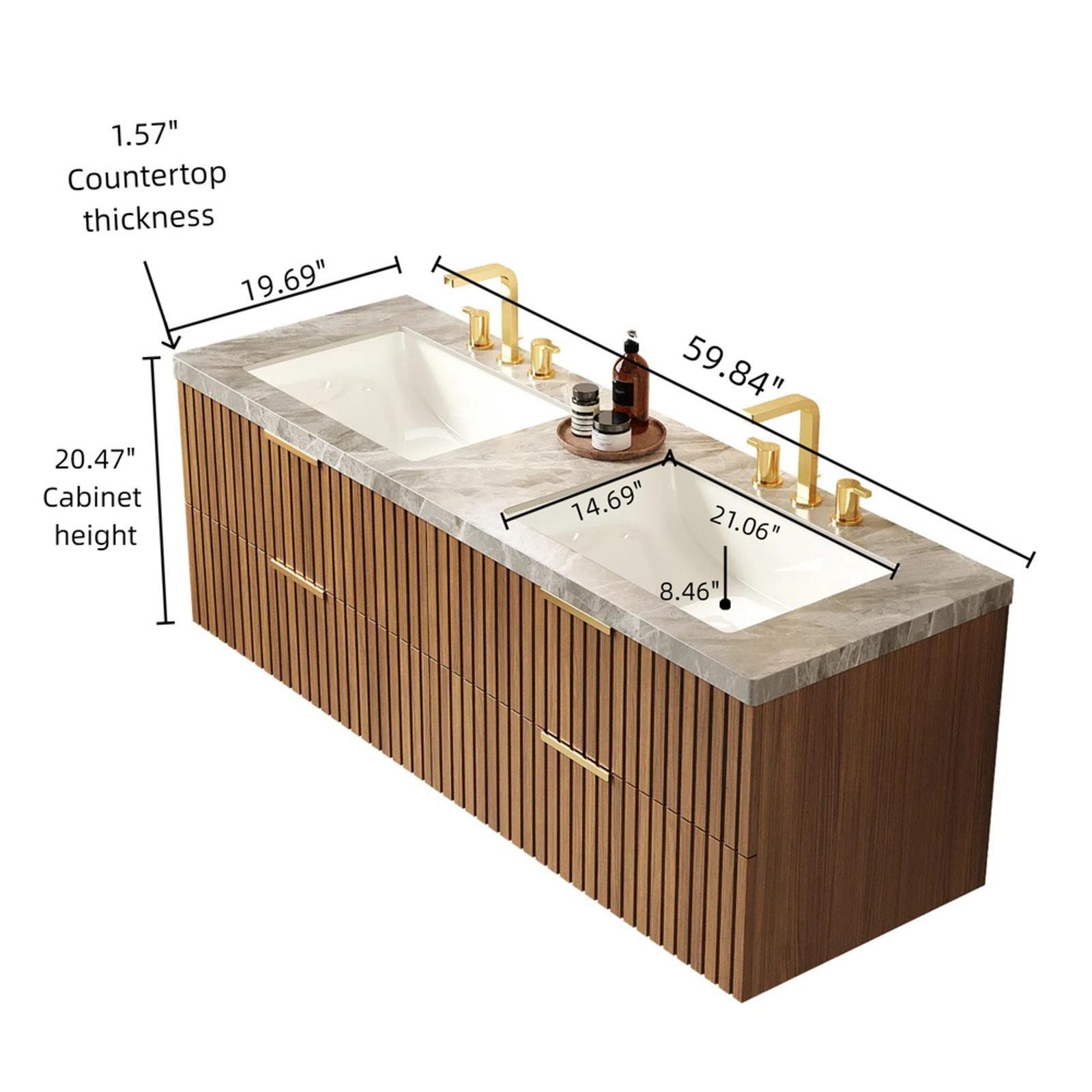 Brown Oak Bathroom Vanity 60-Inch, Italian Sintered Stone Countertop, Double