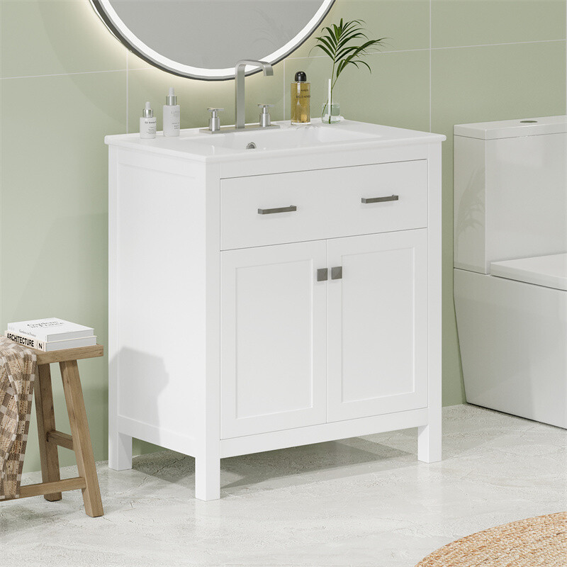 30-inch White Bathroom Vanity w/Ceramic Sink,Soft Close Doors & Flip-out Drawer