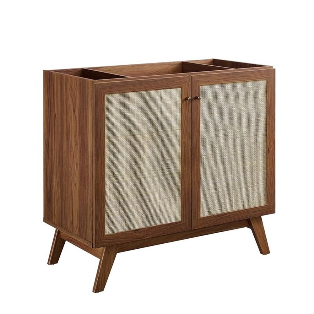 Pemberly Row 36″ Modern Wood Bathroom Vanity with Rattan Door in Walnut/White