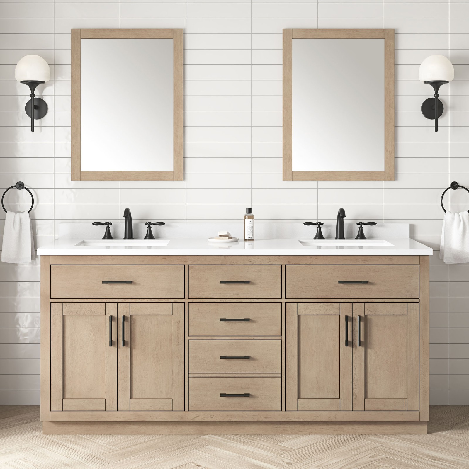 Bailey 72″ Double Bathroom Vanity in Sahara Birch with White Countertop