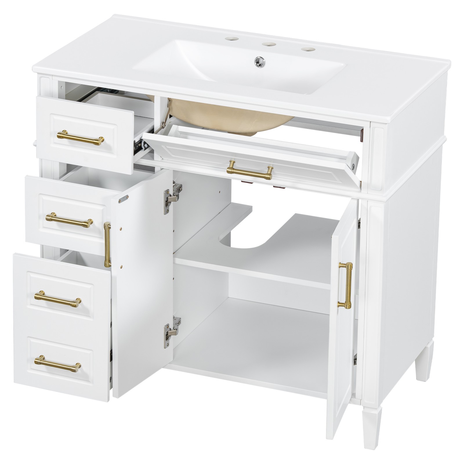 Bathroom Vanity w/Ceramic Sink,Wood Storage Cabinet w/Drawers &Adjustable Shelf