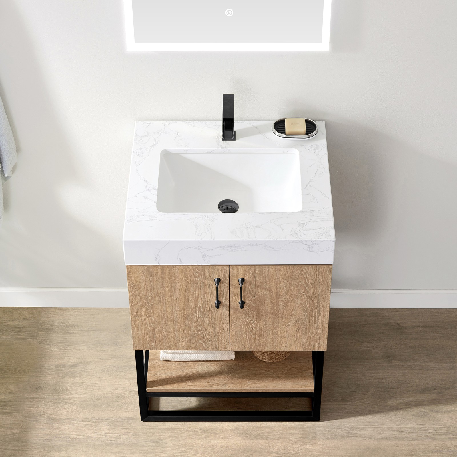 Vinnova Alistair 24″ White Stone Top Oak Single Vanity Black Frame w/o Mirror