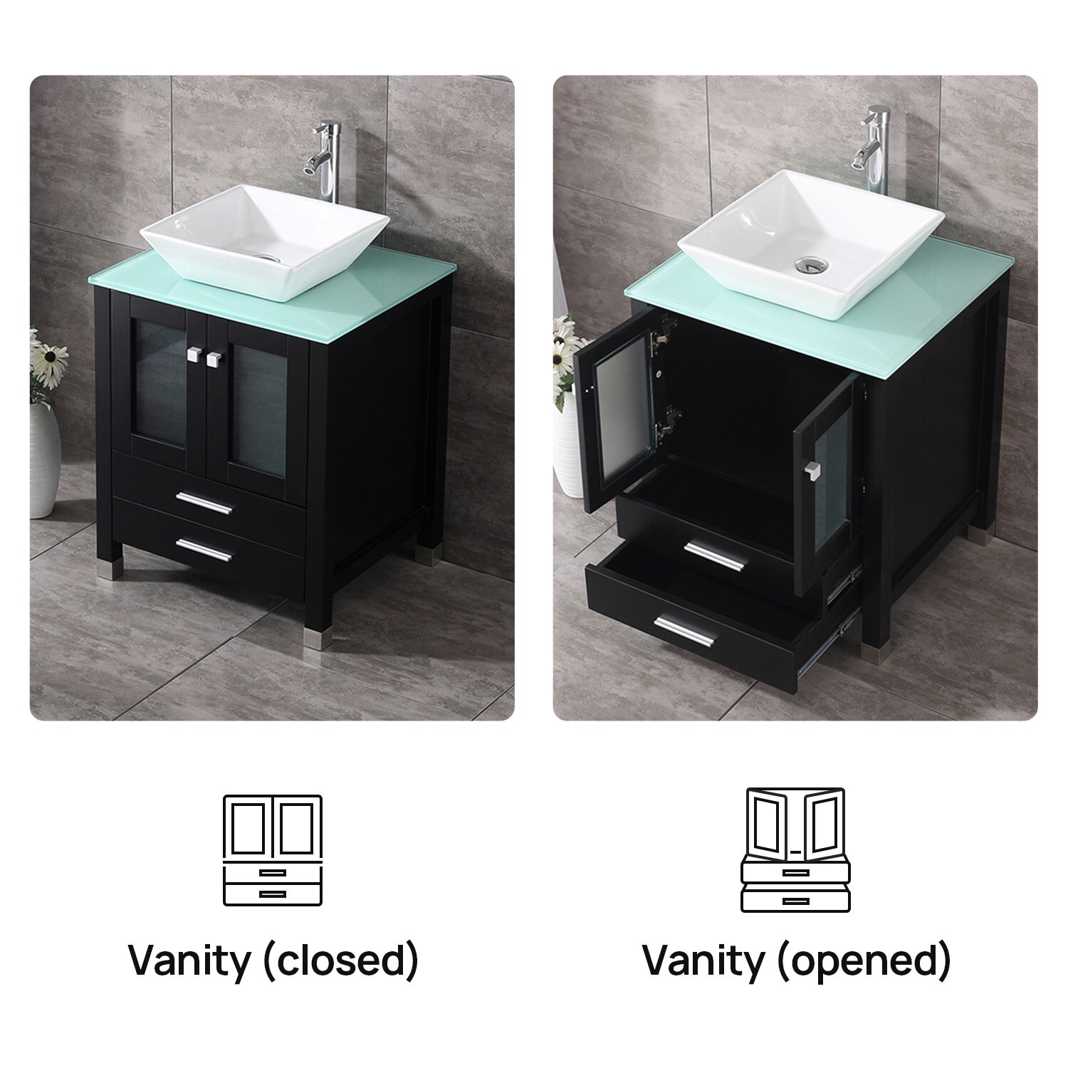 24” Single Black Bathroom Vanity Cabinet Ceramic Vessel Sink w/ Faucet Mirror