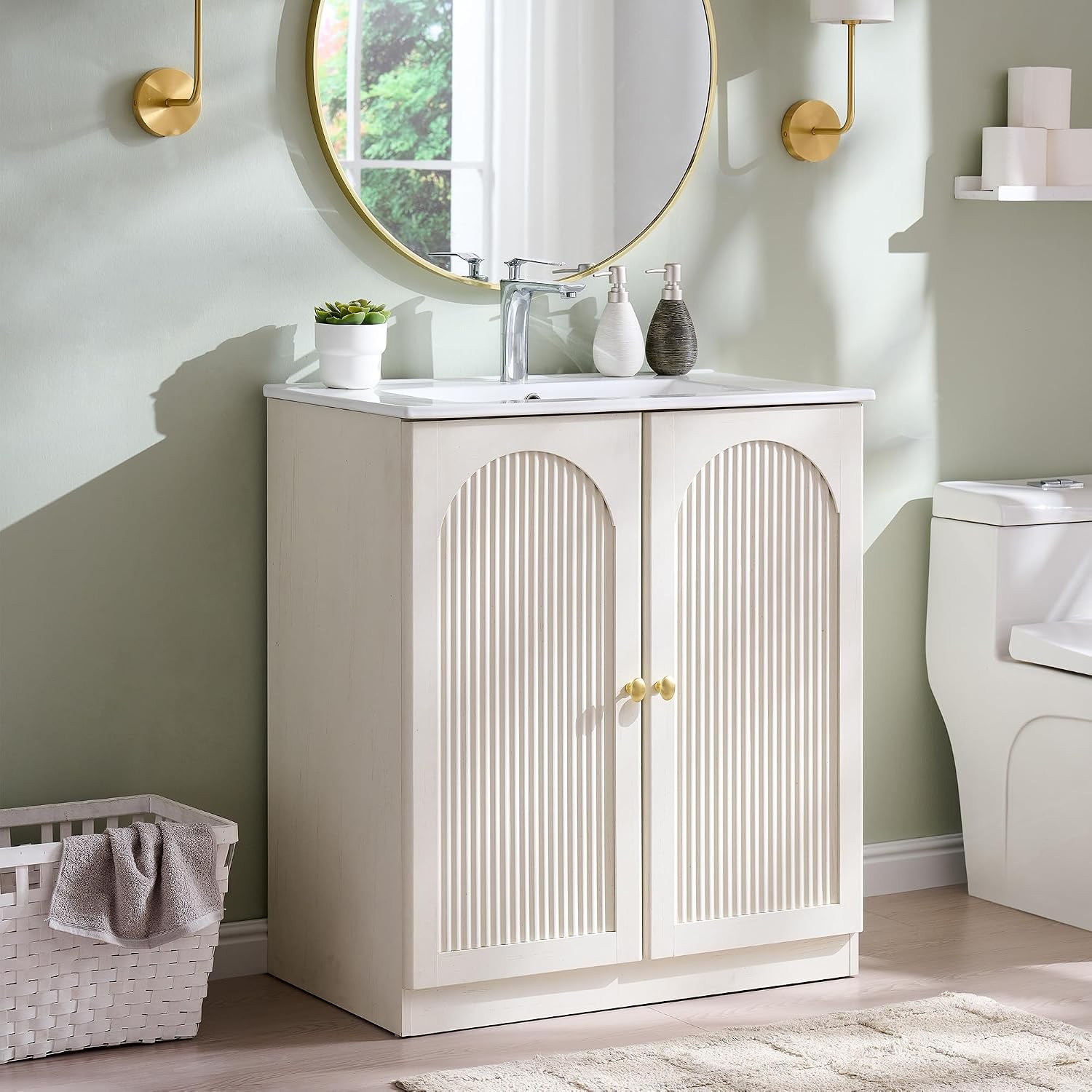 Modern Bathroom Vanity W/ Sink 30 Inch Arched Fluted Bathroom Vanity Cabinet
