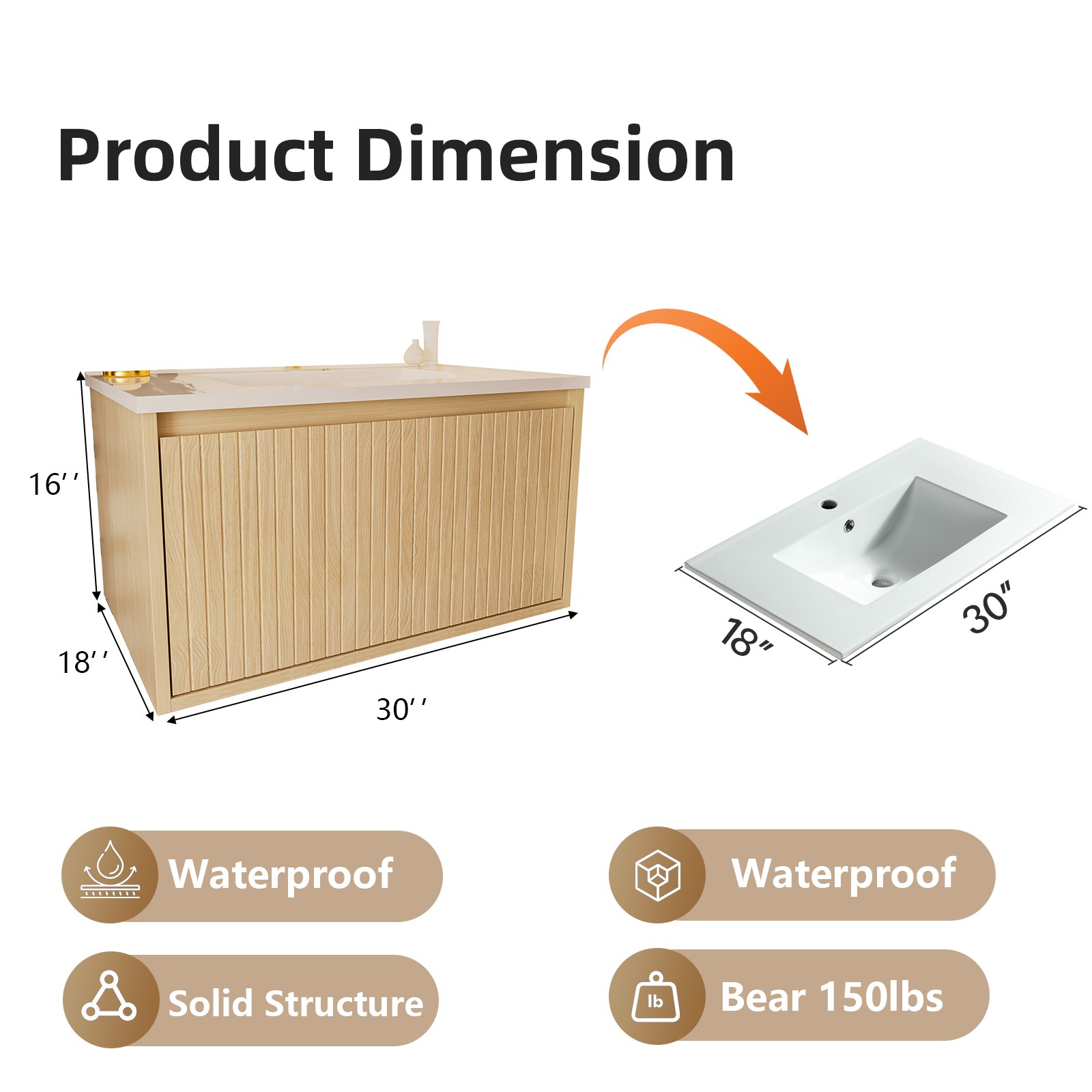 30 Inch Floating Bathroom Vanity Cabinet with Ceramic Sink, Natural Wood