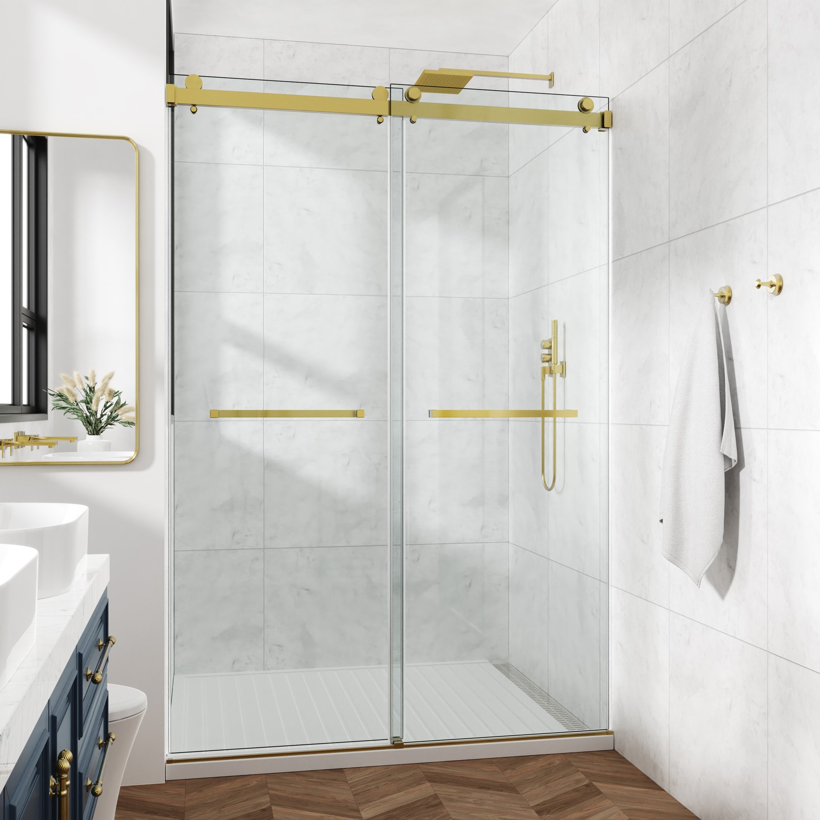 60″x72″ Frameless Glass Shower Door for Double Opening, Gold, 3/8″ Tempered
