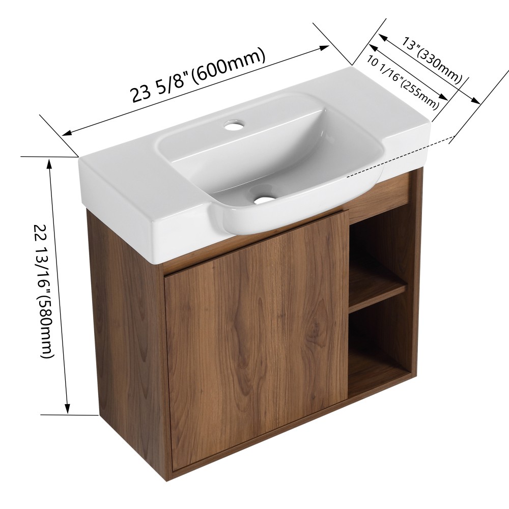 24” Wall-Mounted Bathroom Vanity with White Ceramic Sink & Soft-Close Door